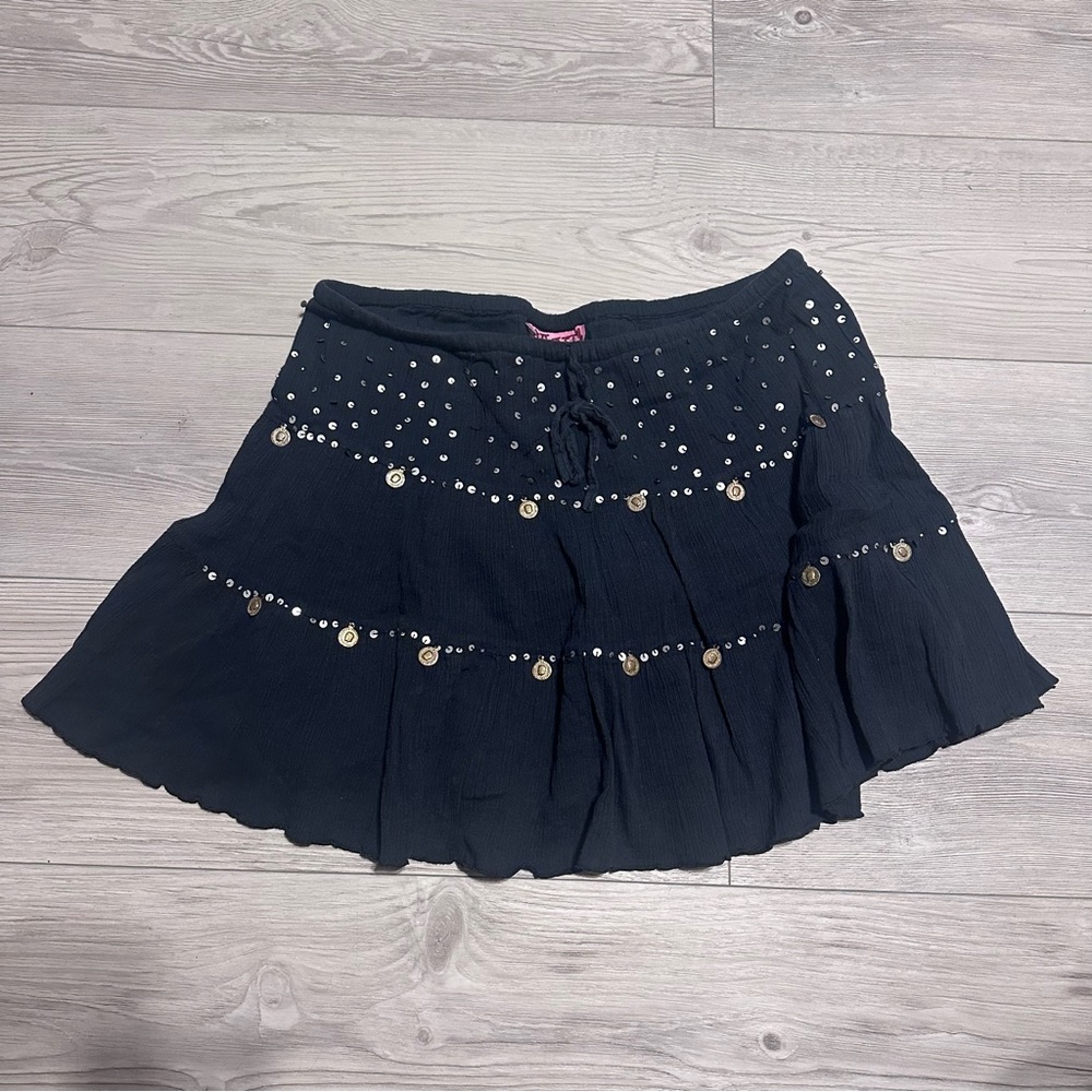 Vintage Y2K WANT! Black Crinkle Cotton Mini Skirt, Sequined, Drawstring, Size L